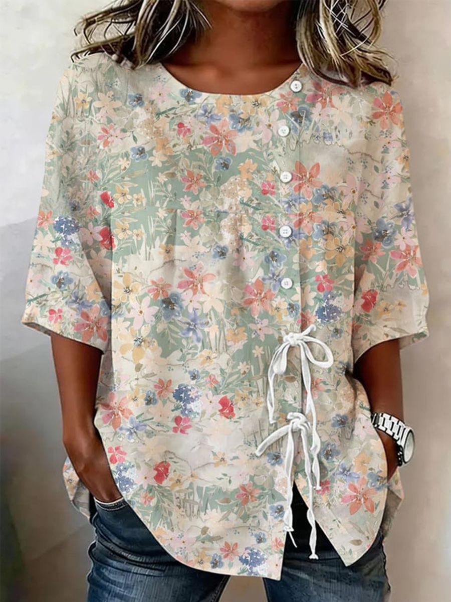 Women's Plant And Flower Buttoned And Laced Cotton And Linen Shirt