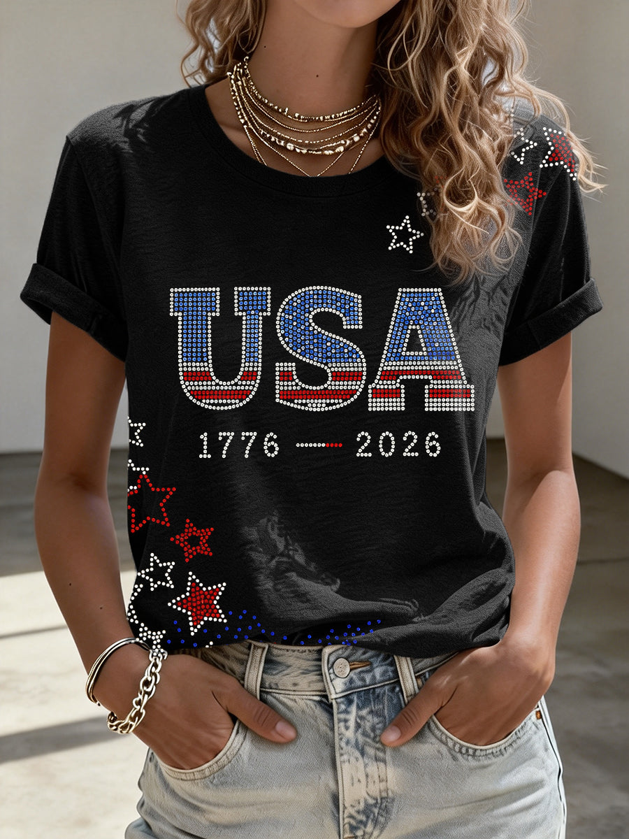 Women's USA1776-2026 Rhinestone Pattern T-Shirt