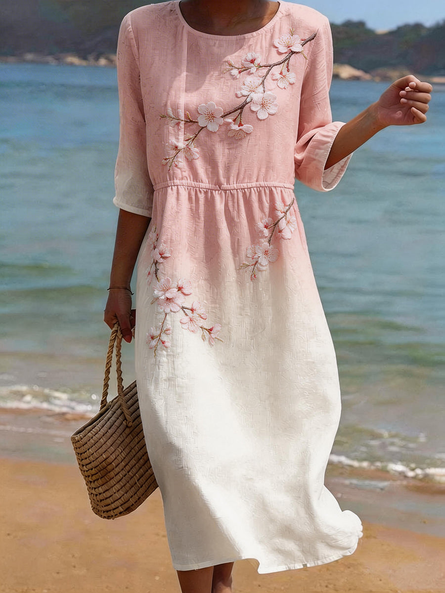 Women's Blooming Floral Embroidery Pattern Linen Blend Dress