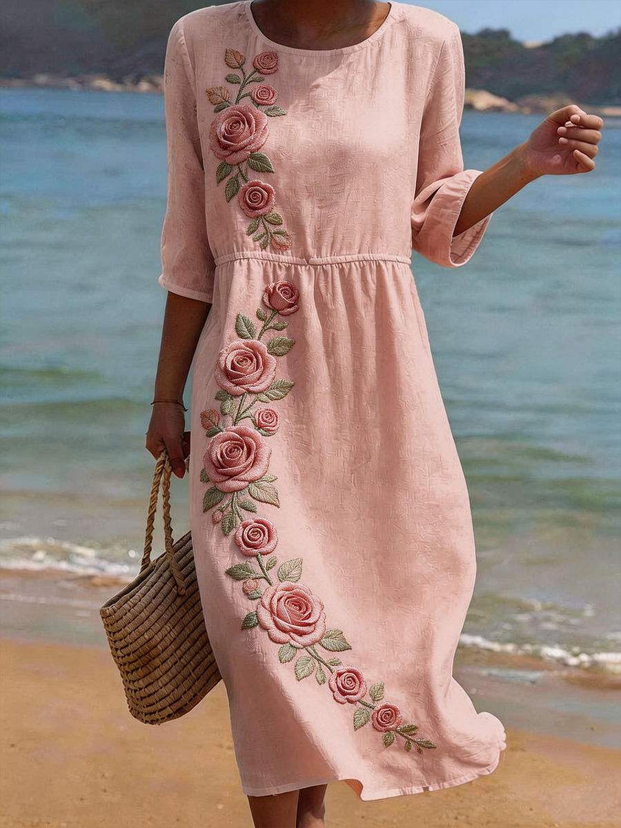 Women's Rose Embroidery Pattern Linen Blend Dress