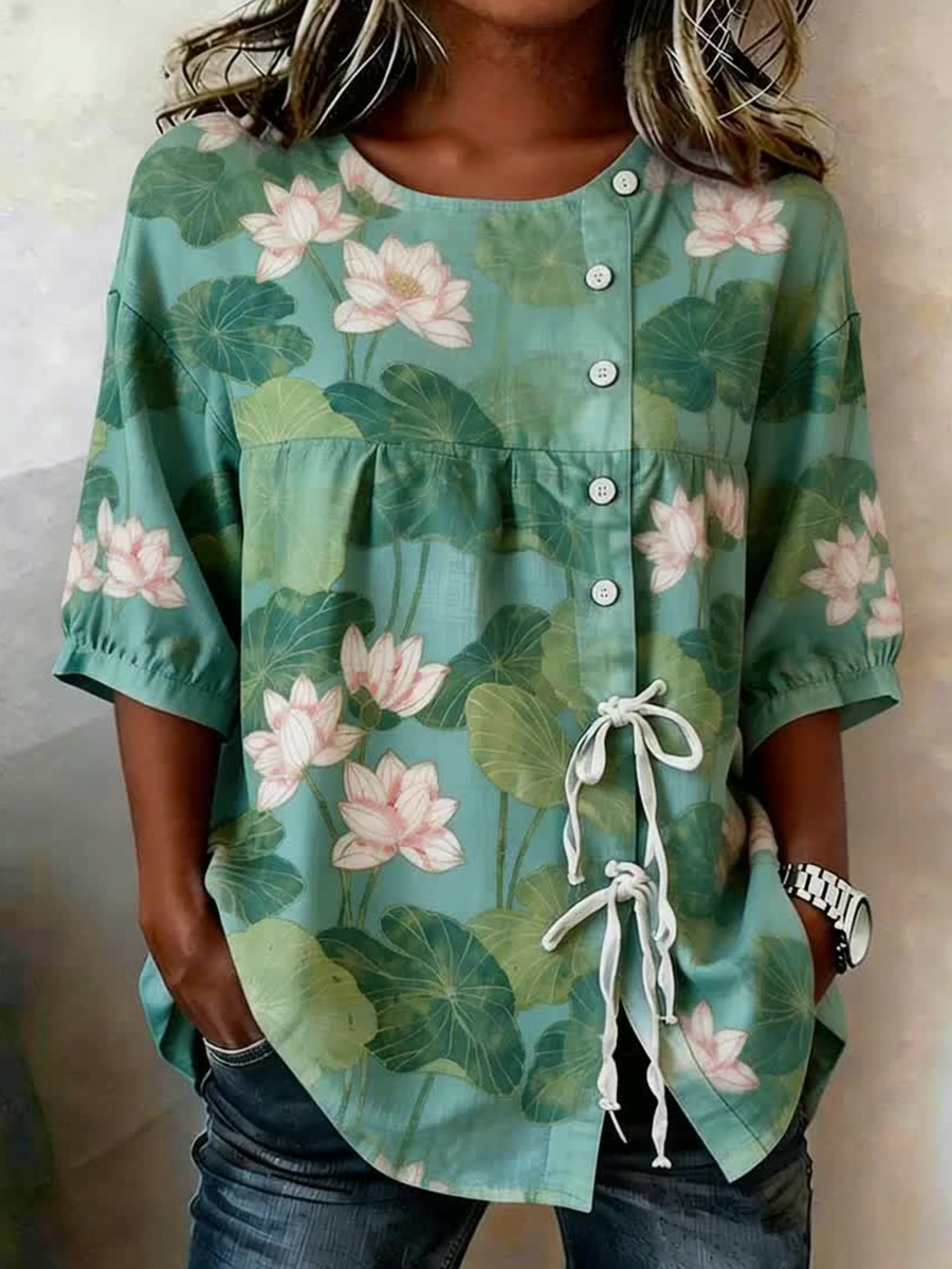 Women's Plants And Flowers Buttoned And Laced Linen Blend Shirt