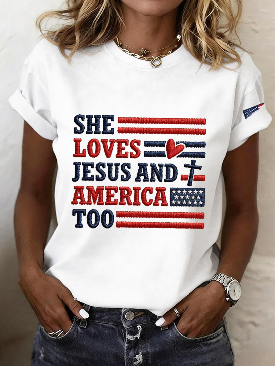 Women's She Loves Jesus And America Embroidery Pattern T-Shirt