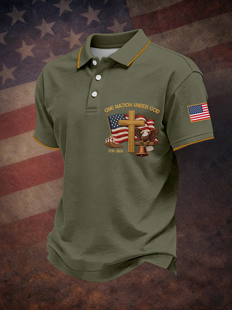 Men's One Nation Under God Embroidery Pattern Polo Shirt