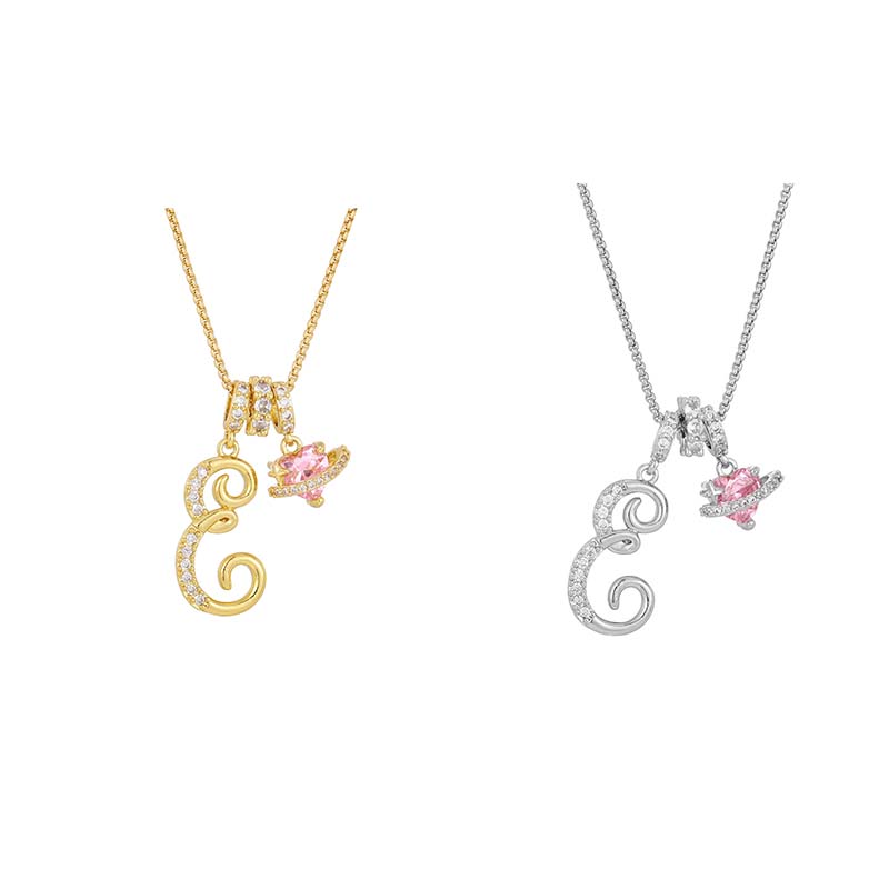 Initial Letter Necklace with Pink Heart Charm