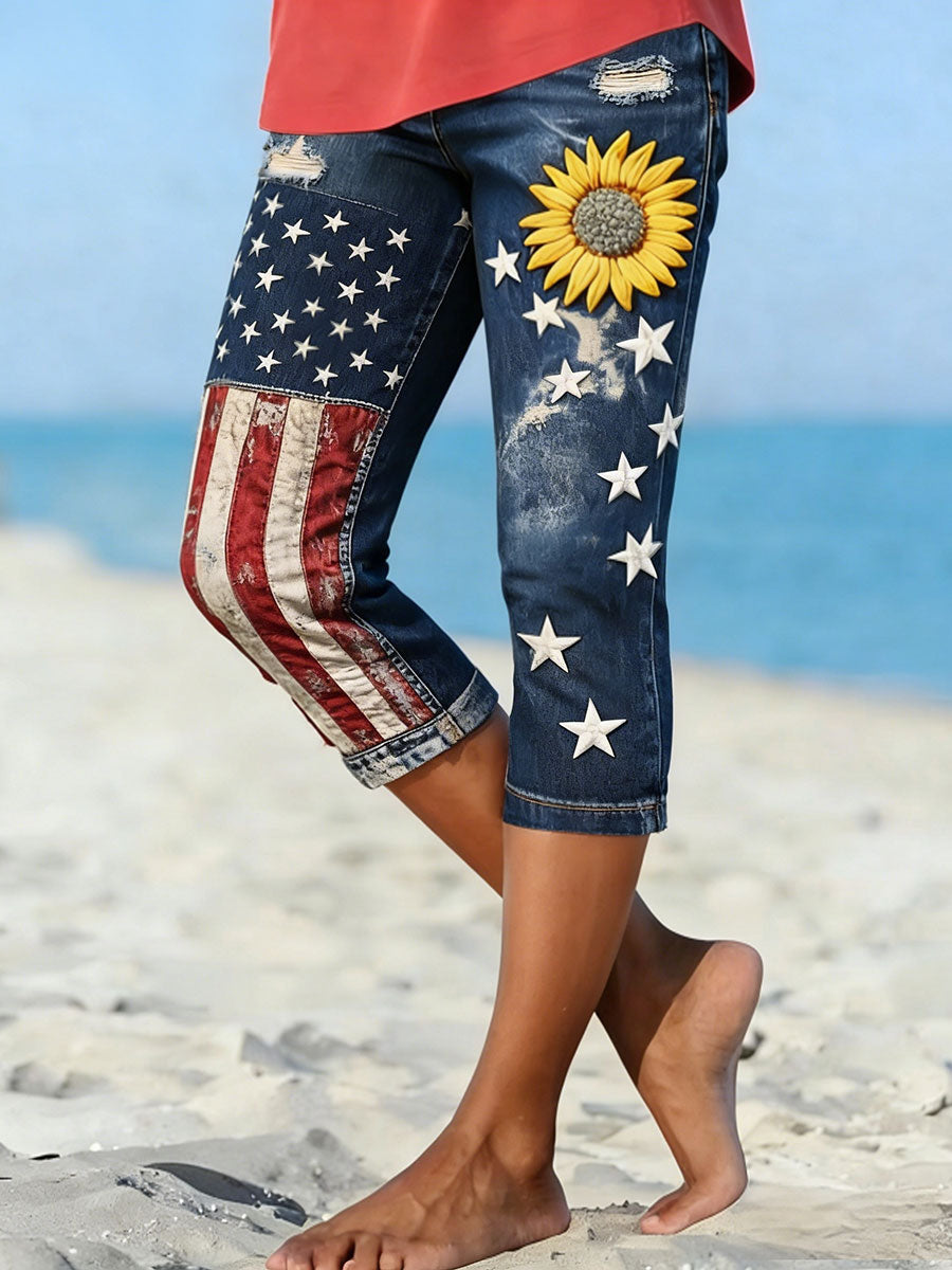 Women's American Flag Sunflower Print Leggings