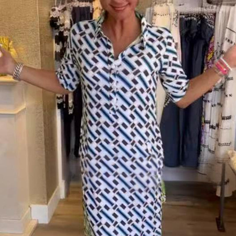 Shirt Collar Geometric Pattern Short-Sleeve Dress
