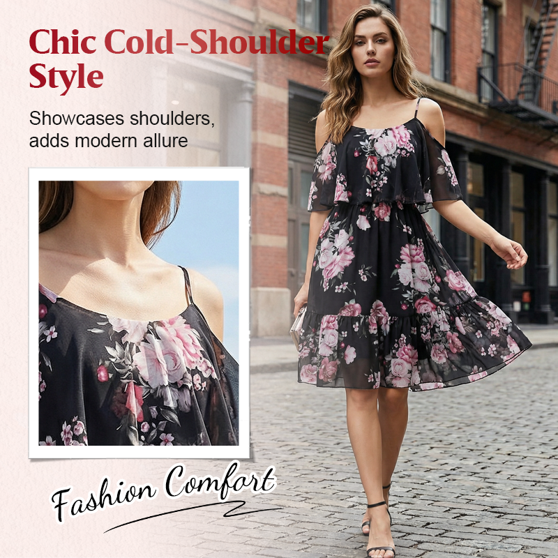 Women's Floral Cold-Shoulder Ruffle Dress