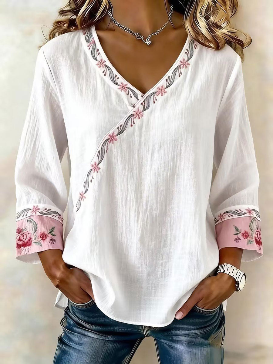 Women's Floral Cotton and Linen T-Shirt