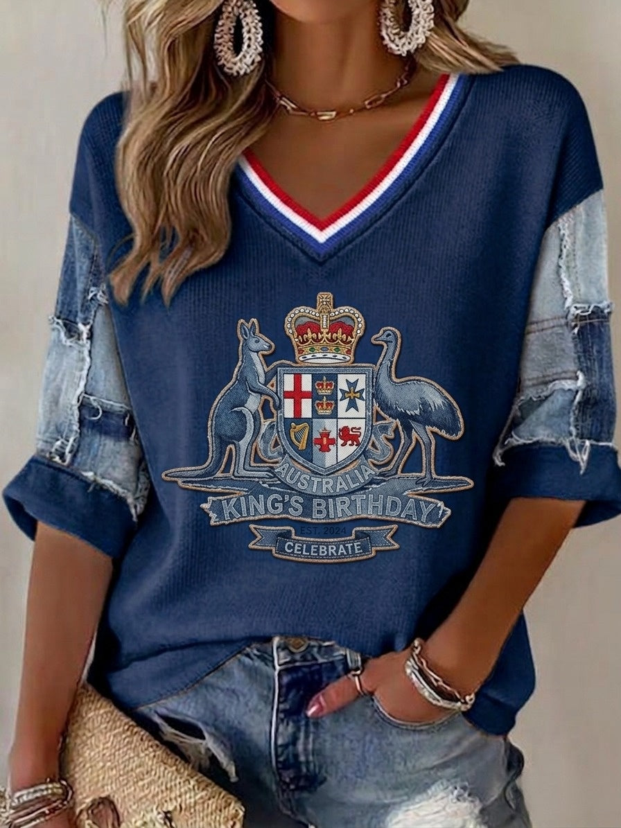 Vintage Australia King's Birthday Print Casual Cotton Waffle Long Sleeve T-Shirt