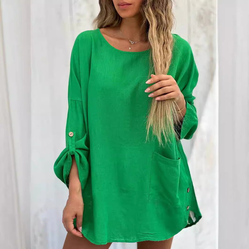 Women's Solid Color Loose Tops with Roll-Up Sleeves