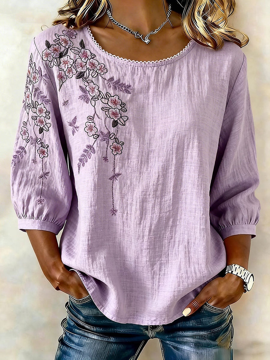 Women's Floral Cotton-Linen Casual T-Shirt