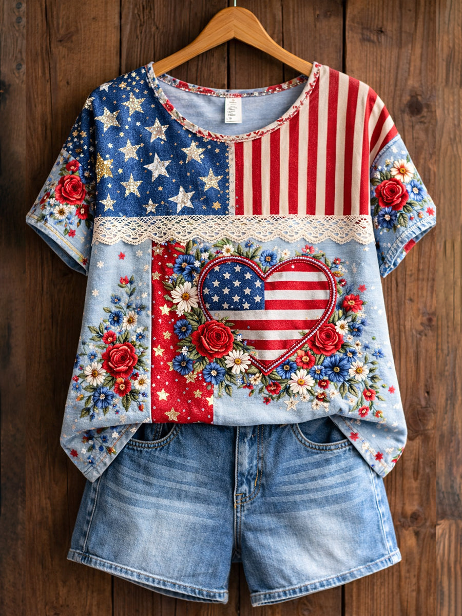 Women's Retro American Floral Patchwork Print Casual T-shirt