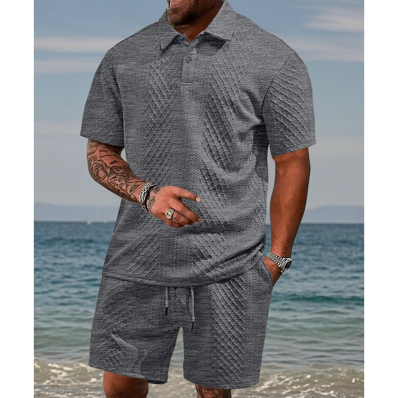 🔥Hot Sale 58% Off💥Men’s Diamond Pattern Turn-Down Collar Short Sleeve Top & Drawstring Shorts 2-Piece Set
