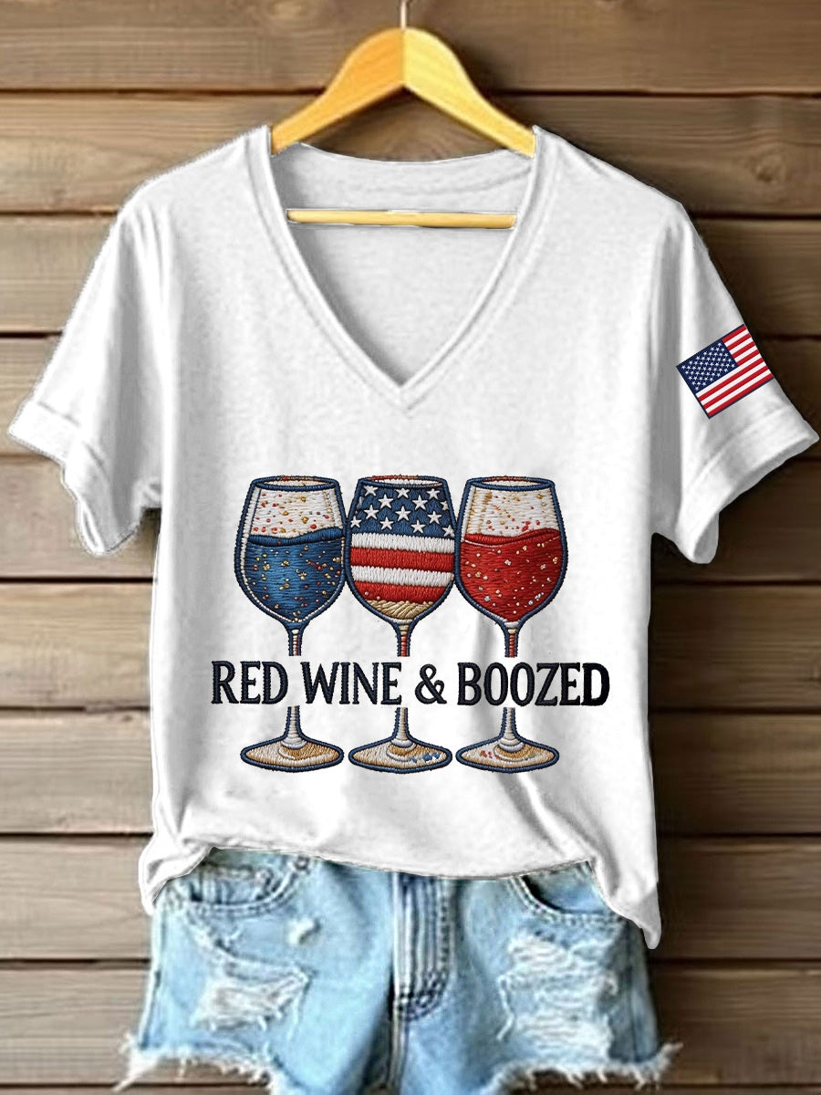 Women's Red Wine & Boozed Embroidery Pattern V-Neck T-Shirt