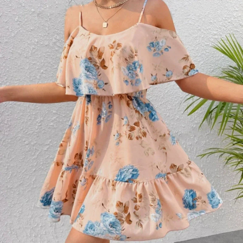 Women's Boho Floral Print Cold Shoulder Dress