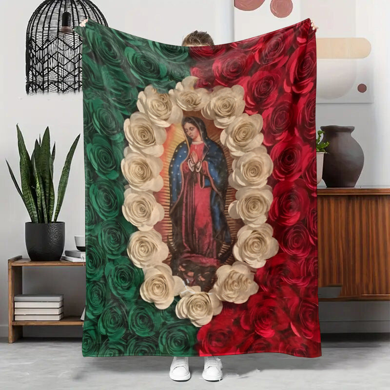 Virgin Mary & Floral Flannel Blanket 🌹 | Soft, Light & Warm