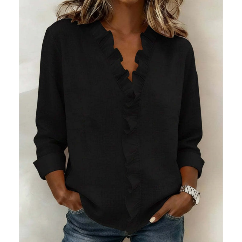Women's Ruffle V-Neck Long Sleeve Blouse