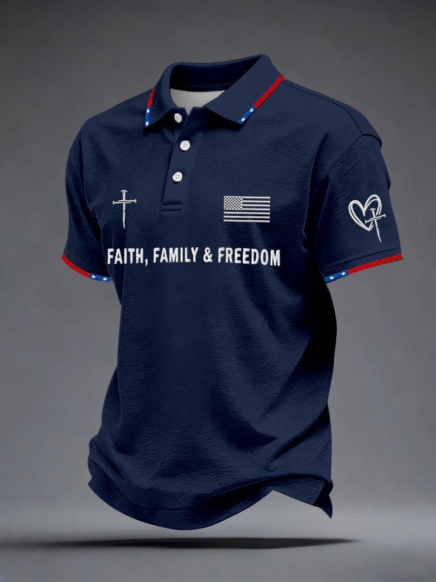 Men's Faith Family Freedom Embroidery Pattern Polo Shirt