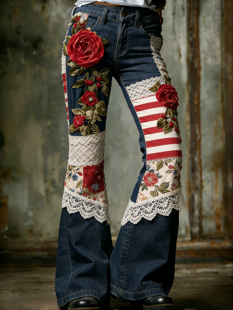 Women's Vintage American-Style Floral Patchwork & Print Casual Jeans
