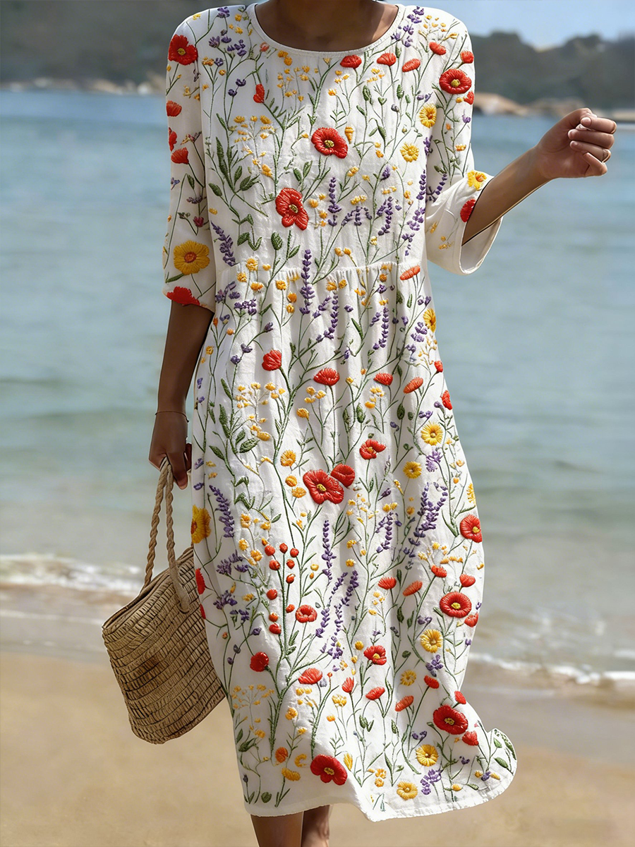 Women's Plant And Flower Print Round Neck  Linen Blend Mid-Length Dress