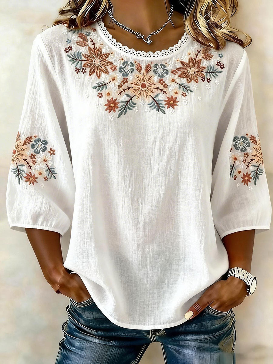 Women's Floral Cotton and Linen T-Shirt