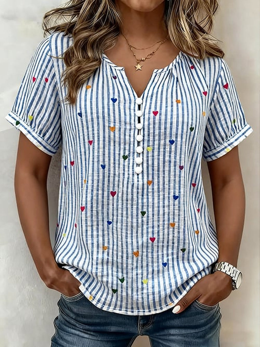 Women's Vintage Striped & Heart-Patterned Cotton-Linen Shirt