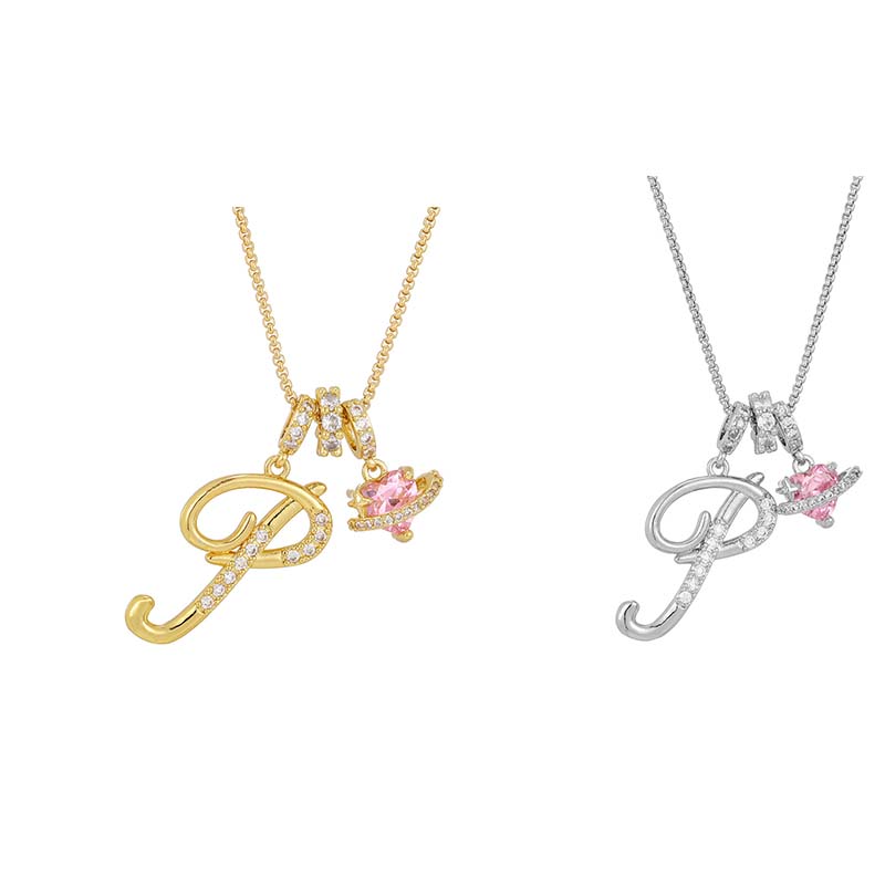 Initial Letter Necklace with Pink Heart Charm