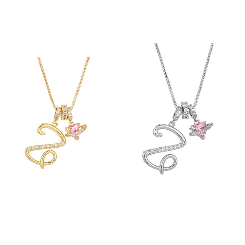 Initial Letter Necklace with Pink Heart Charm