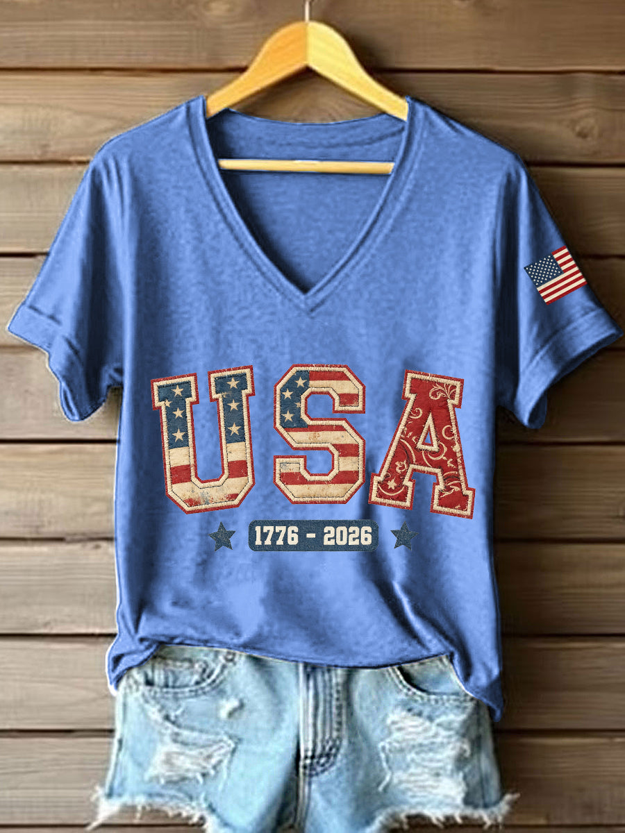 Women's USA 1776-2026 Patchwork Pattern V-Neck T-Shirt