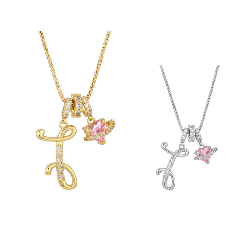 Initial Letter Necklace with Pink Heart Charm