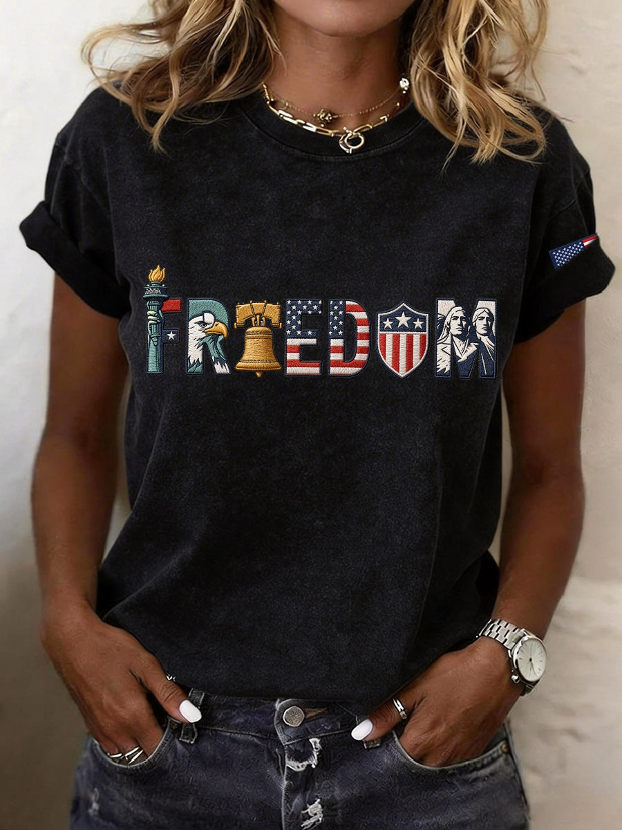 Women's Freedom Embroidery Pattern T-Shirt