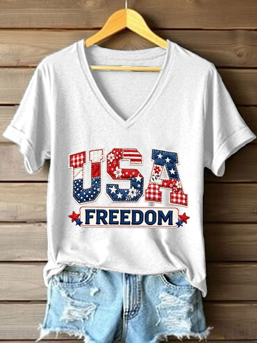 Women's USA Embroidery Pattern V-Neck T-Shirt