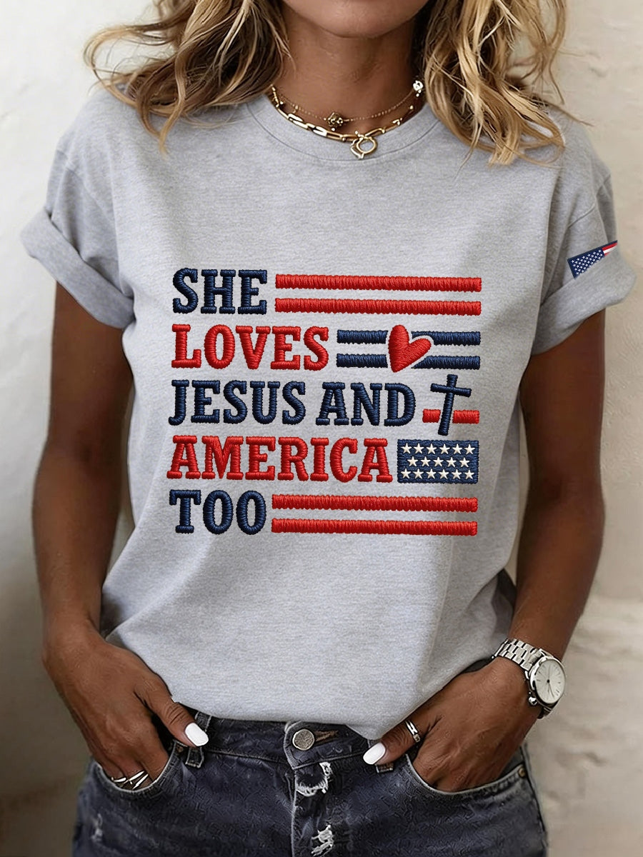 Women's She Loves Jesus And America Embroidery Pattern T-Shirt