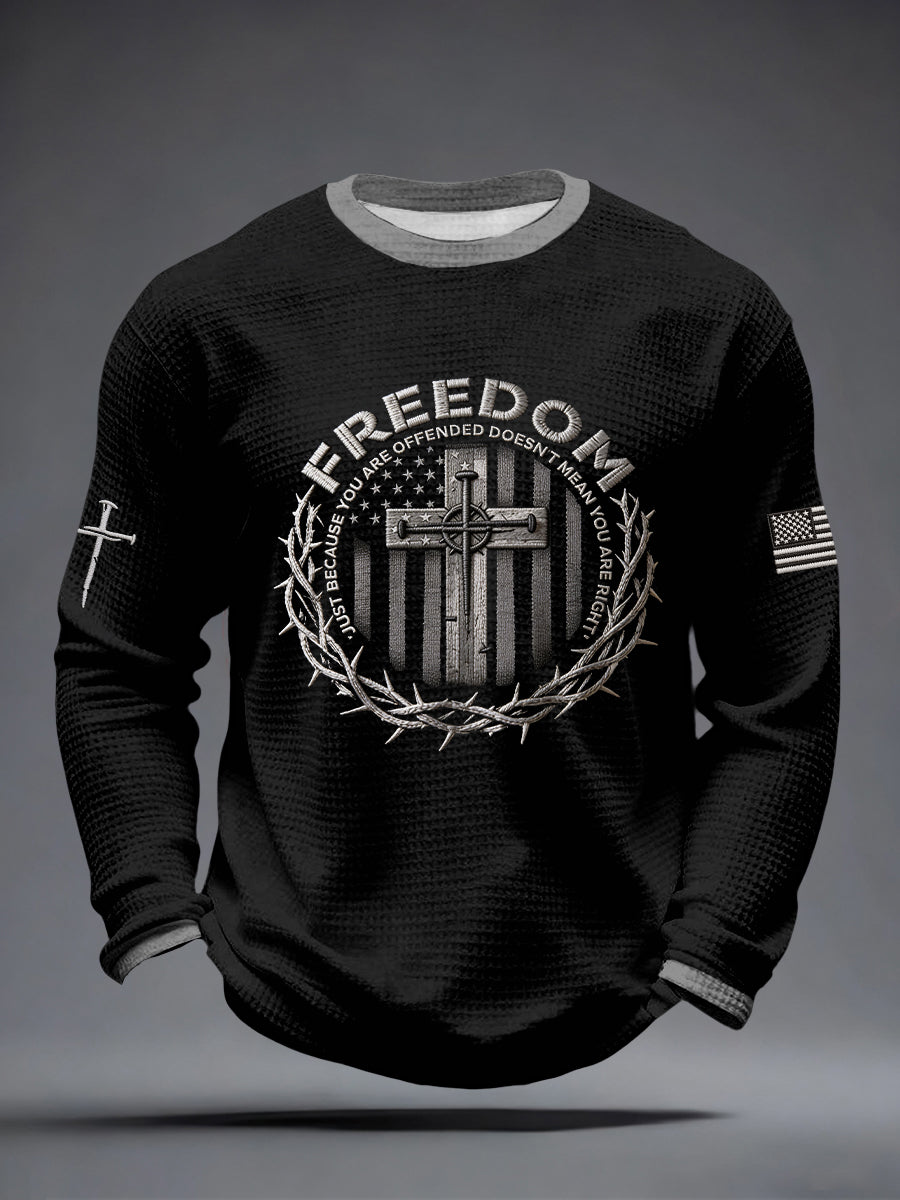 Men's Faith Freedom Embroidery Pattern Waffle T-Shirt