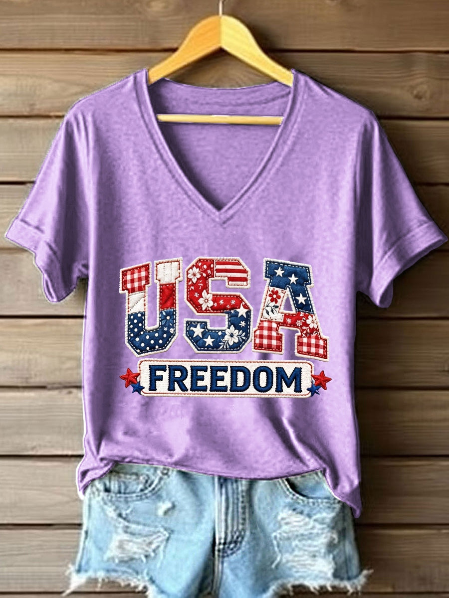 Women's USA Embroidery Pattern V-Neck T-Shirt