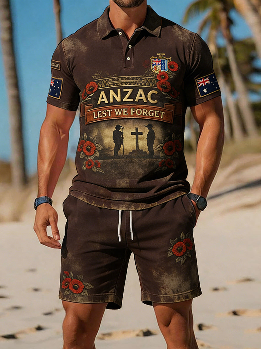 Retro Australian-Style Art Print Casual Polo & Shorts Set