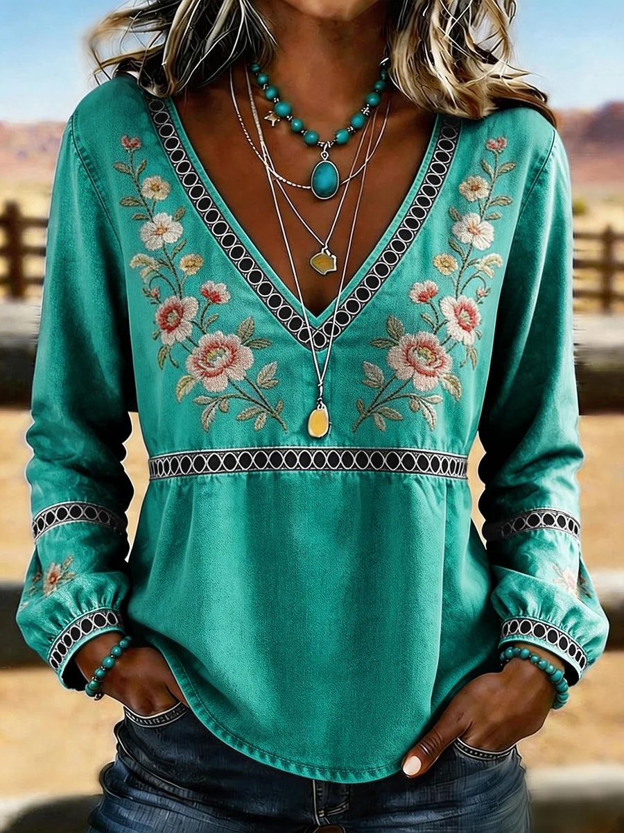 Women's Western Vintage Floral Print Casual V-Neck T-Shirt