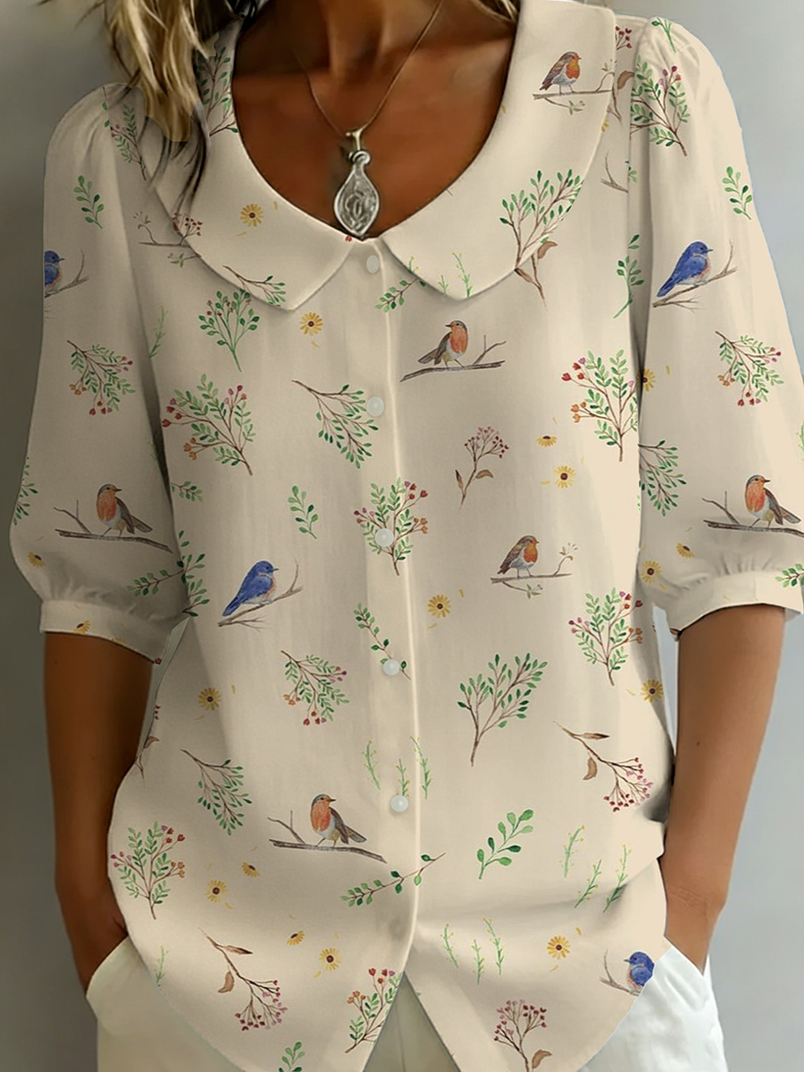 Women's Plant Flower Cotton and Linen Shirt