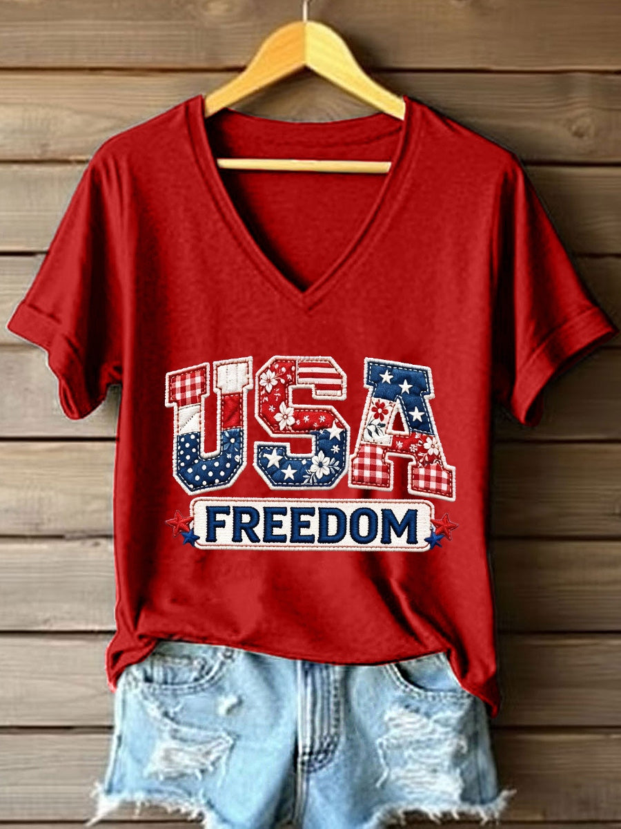 Women's USA Embroidery Pattern V-Neck T-Shirt