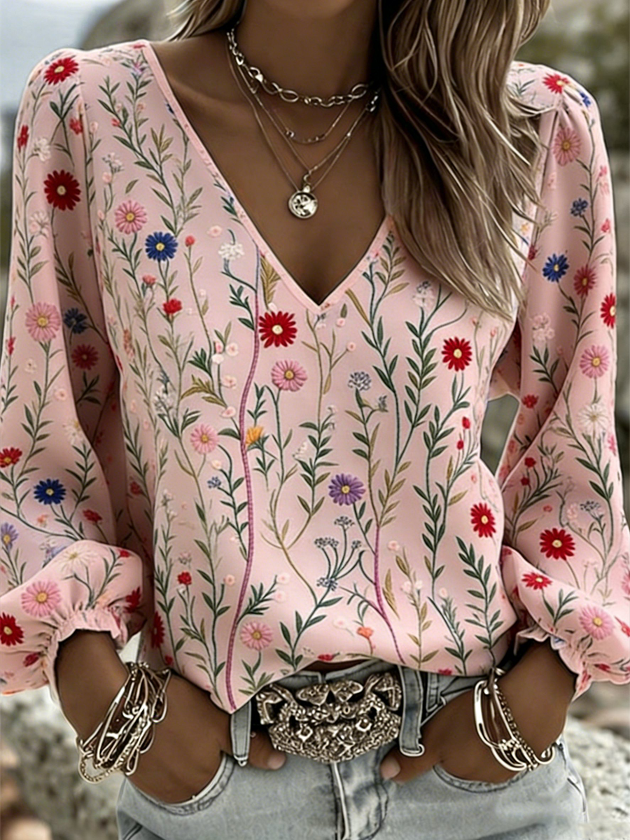 Women's Flower V-neck Cotton And Linen Long T-shirt