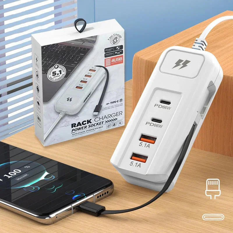 ⚡2026 Hot New Arrivals – Multi-Function Fast Charger 2PD + 2USB! 🔌📱 66W, Built-in Type-C Cable, Safely Charges 4 Devices Simultaneously