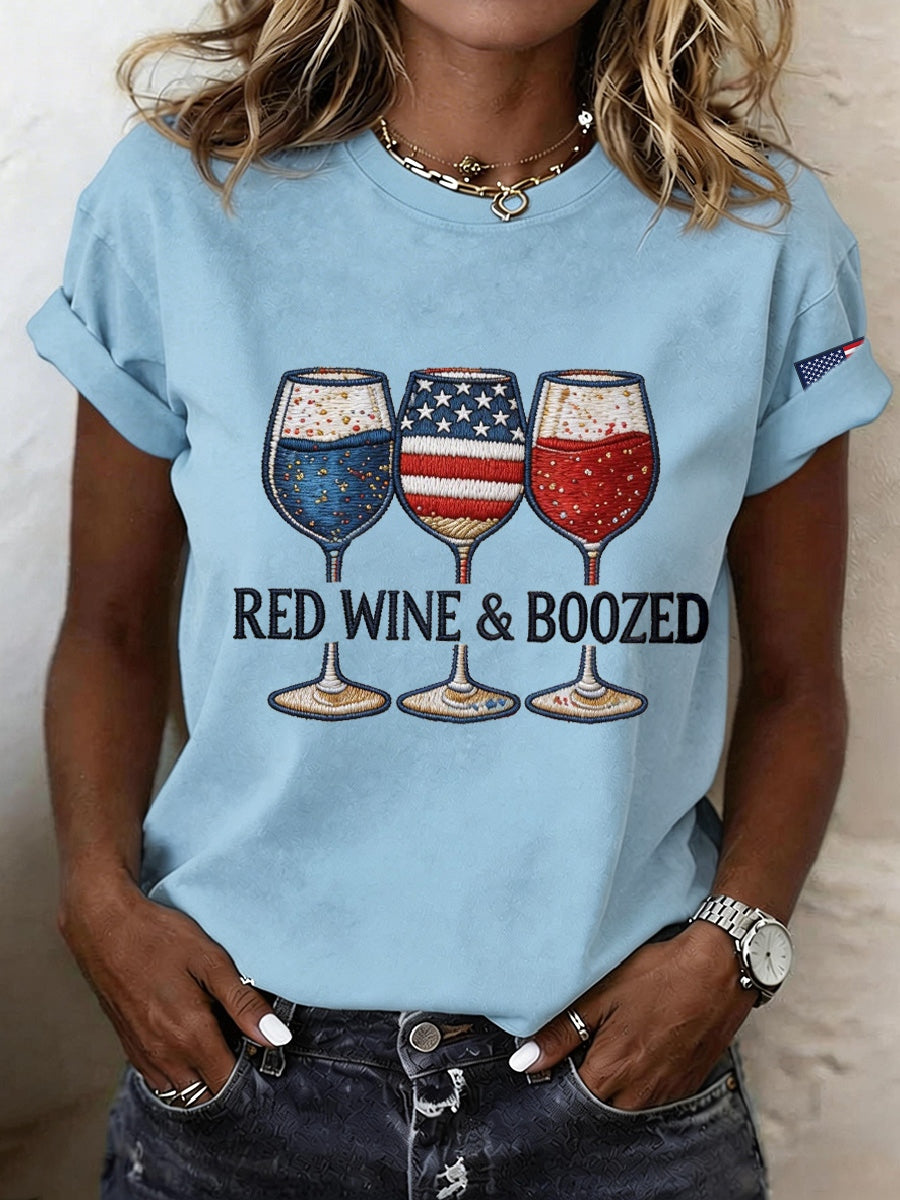 Women's Red Wine & Boozed Embroidery Pattern T-Shirt