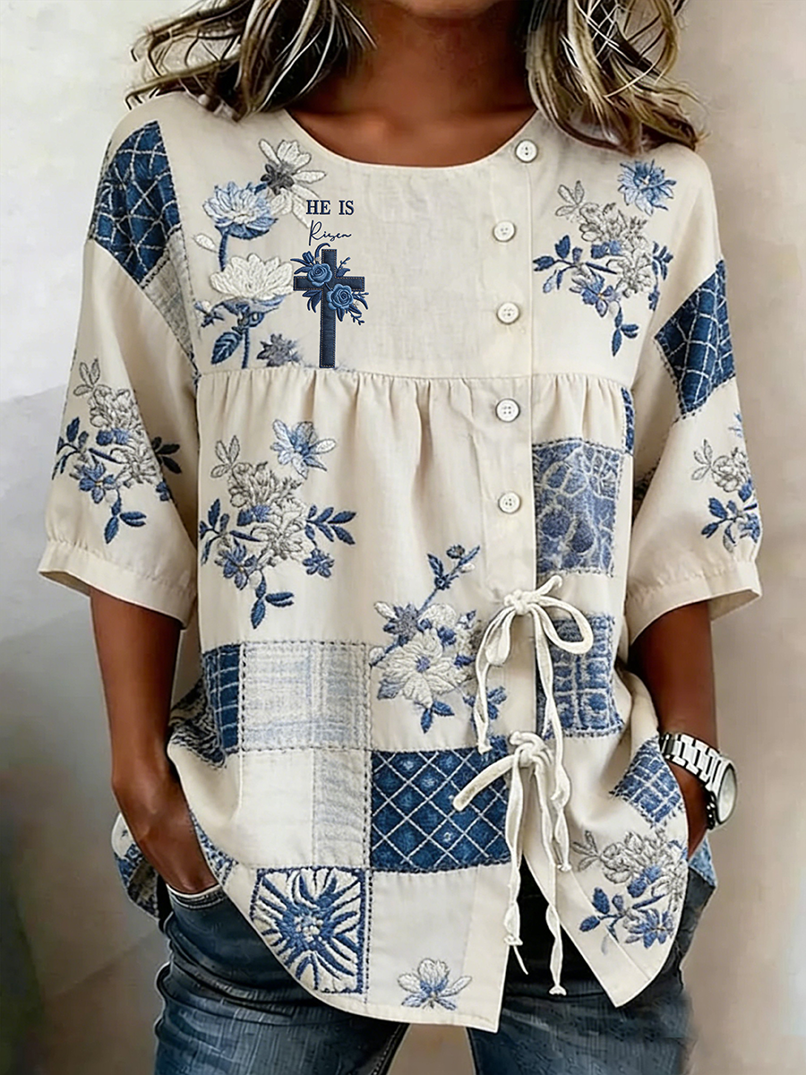 Women's He Is Risen Flower Button Strap Cotton And Linen Shirt