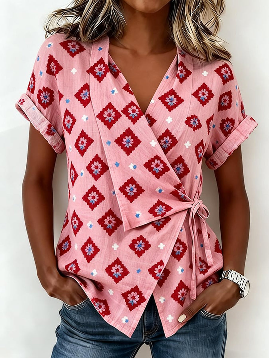Women's Retro Geometric V-Neck Casual Shirt