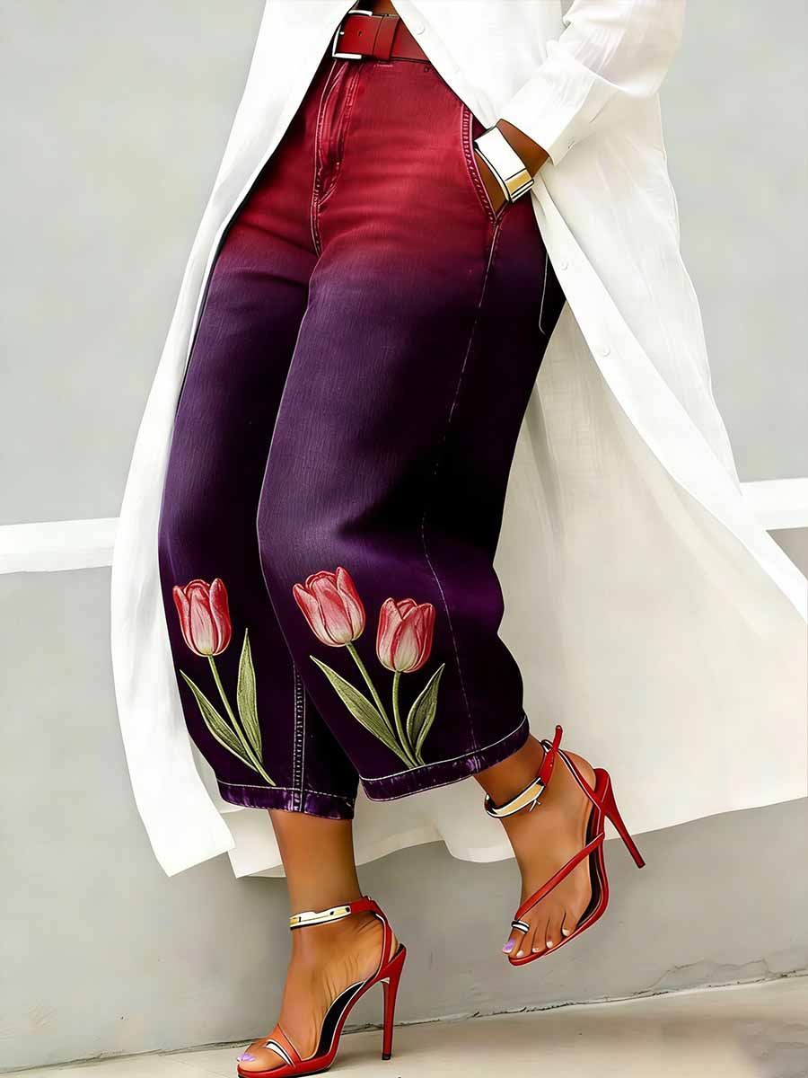 Women's Fashion Floral Pattern Print Casual Wide-Leg Pants