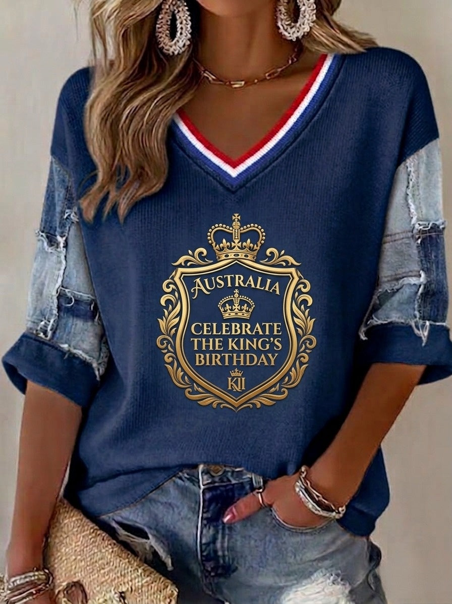 Vintage Australia King's Birthday Print Casual Cotton Waffle Long Sleeve T-Shirt