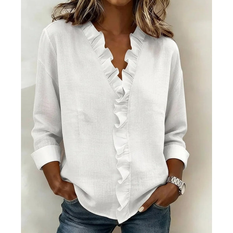 Women's Ruffle V-Neck Long Sleeve Blouse