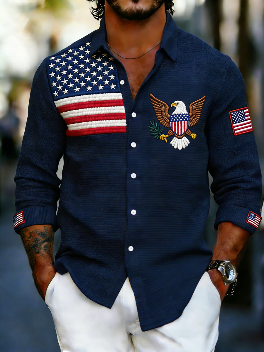 Men's Patriotic Commemorative Print Long-Sleeved Shirt