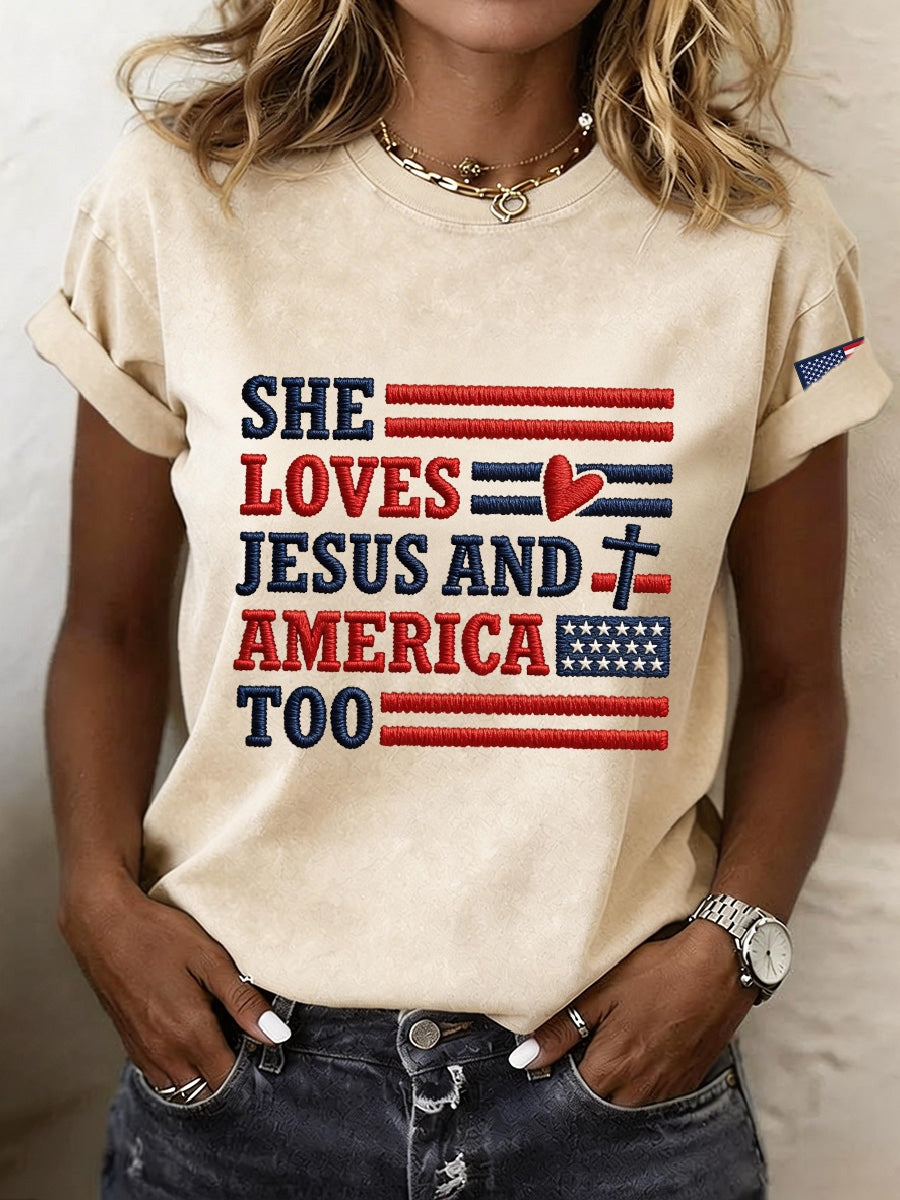 Women's She Loves Jesus And America Embroidery Pattern T-Shirt