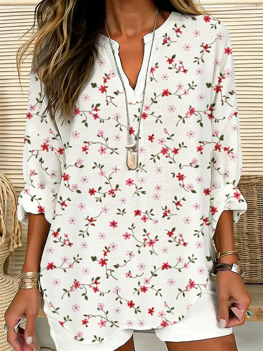 Women's Floral Pattern Linen Blend V-Neck Shirt